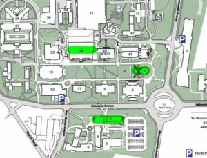 A cropped campus map of American University. On it are three buildings highlighted in bright green: Building 35 (the dining center), building 3 (spiritual center), and building 7 (conference center). To get to building 35 from building 7, you cross Nebraska Avenue and walk straight and a little to the left across an open lawn.