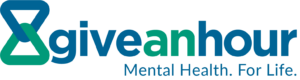 A company logo. There are two interlocking triangles on the left, one blue and one green, forming an hourglass shape. Next to it says, alternating blue and green, "give an hour". Below that in a lighter blue is "Mental Health. For Life."